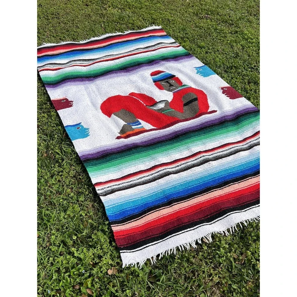 Vintage Wool Multicolor‎ Aztec Striped Throw Blanket 77